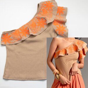 Anthropologie Dolan One-Shoulder Top Embroidered Blouse Tan Orange Size Small